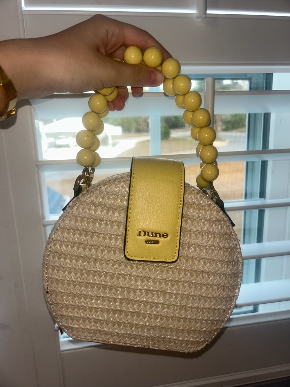 Dune Yellow-Beige Round Straw Mini Bag with Beaded Handle